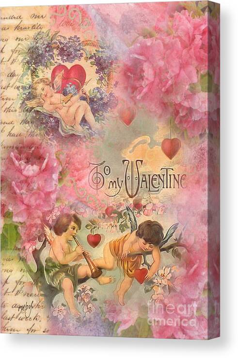 Art;vintage;valentine;cupid;flowers;love;romance;digital Art;digital Collage;unique;one Of A Kind Canvas Print featuring the digital art To My Valentine by Ruby Cross