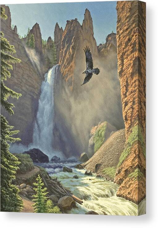 Landscape Canvas Print featuring the painting Tower Falls by Paul Krapf