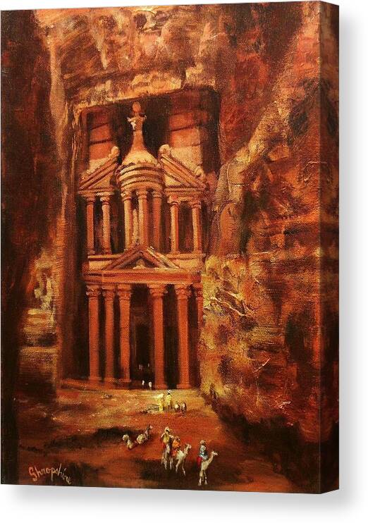 Jordan Canvas Print featuring the painting Treasury of Petra by Tom Shropshire