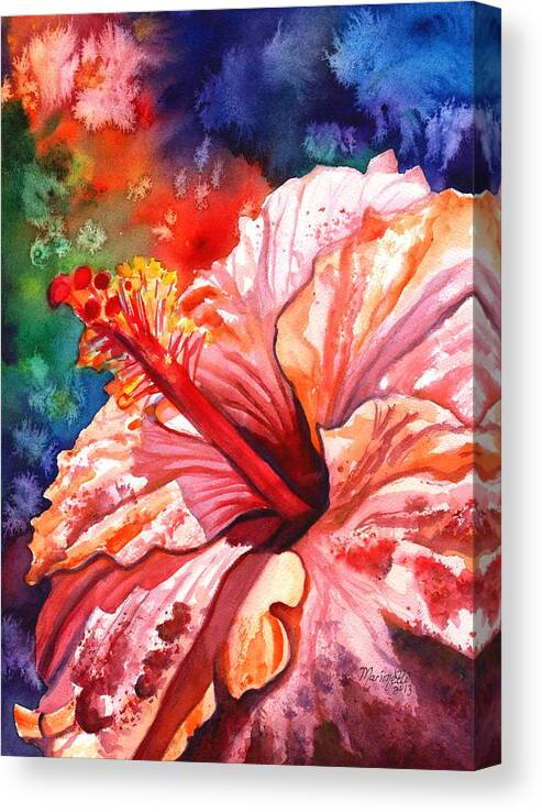 Pink Hibiscus Canvas Print featuring the painting Tropical Pink Hibiscus by Marionette Taboniar
