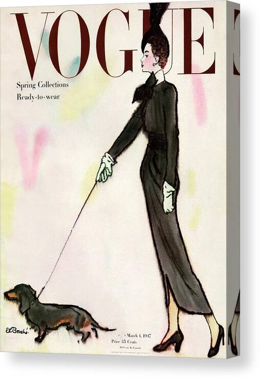 Fashion Canvas Print featuring the photograph Vogue Cover Featuring A Woman Walking A Dog by Rene R. Bouche