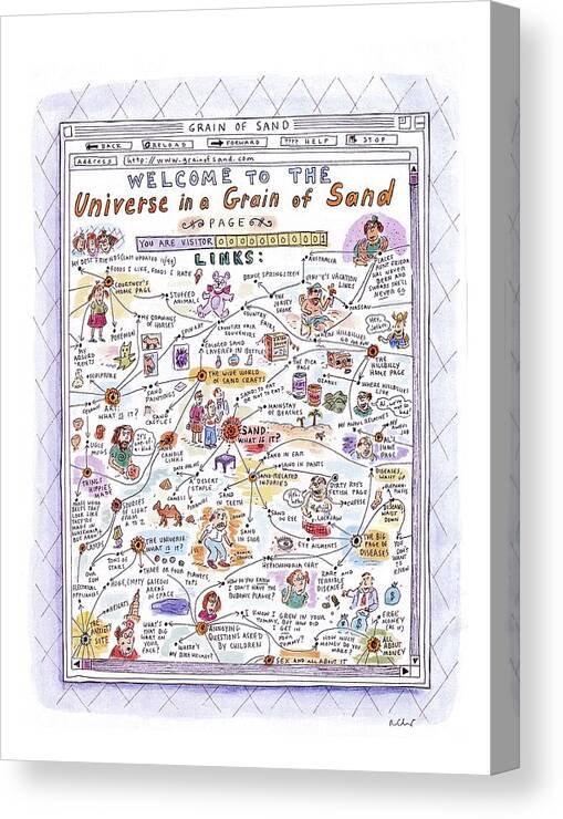 Sand Canvas Print featuring the drawing 'welcome To The Universe In A Grain Of Sand' by Roz Chast