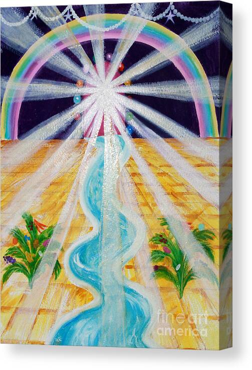 Rainbow Canvas Print featuring the painting Where the road is paved in Gold by Anne Cameron Cutri