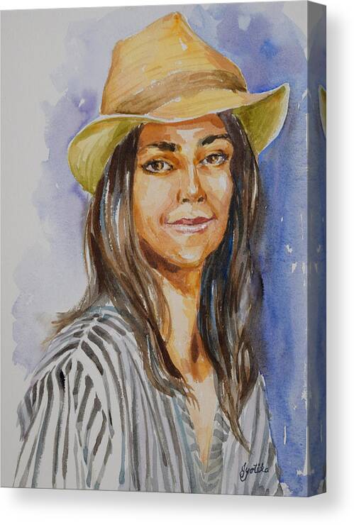  Canvas Print featuring the painting Woman with straw hat by Jyotika Shroff