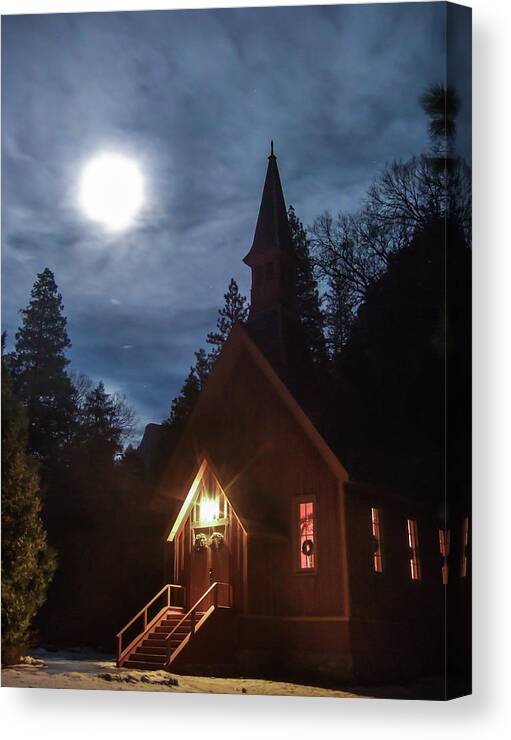 Landscape Canvas Print featuring the photograph Yosemite Chapel Under A Full Moon by Marc Crumpler