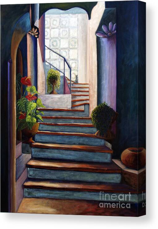 Stairway Up Canvas Print featuring the painting 01243 Enlightened Cat by AnneKarin Glass