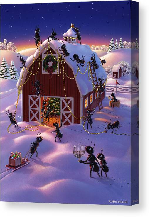  Ants Canvas Print featuring the painting Christmas Decorator Ants by Robin Moline