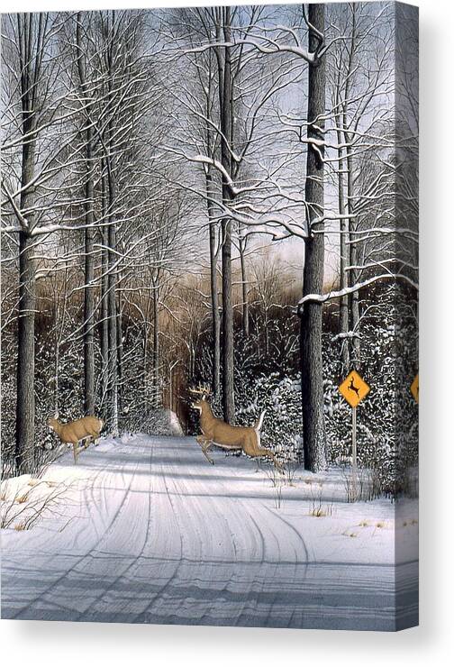 Wooded Landscape Canvas Print featuring the painting Deer Crossing by Conrad Mieschke