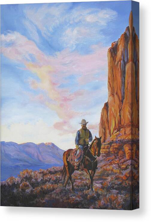Rider Canvas Print featuring the painting Last Light With a Mile to Go by Page Holland