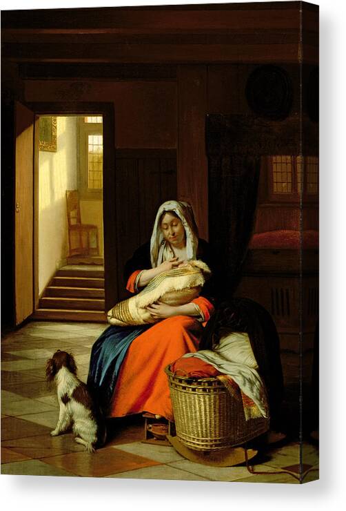 Mother Canvas Print featuring the painting Mother Nursing Her Child by Pieter de Hooch