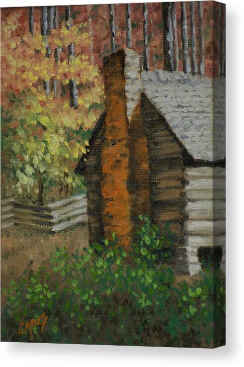 Autumn Canvas Print featuring the painting Mountain Cabin by Linda Eades Blackburn