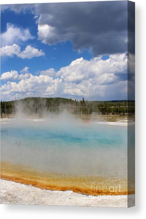 Hot Spring; Pool; Sunset Canvas Print featuring the photograph Sunset Lake hot spring pool in Yellowstone National Park by Adam Long