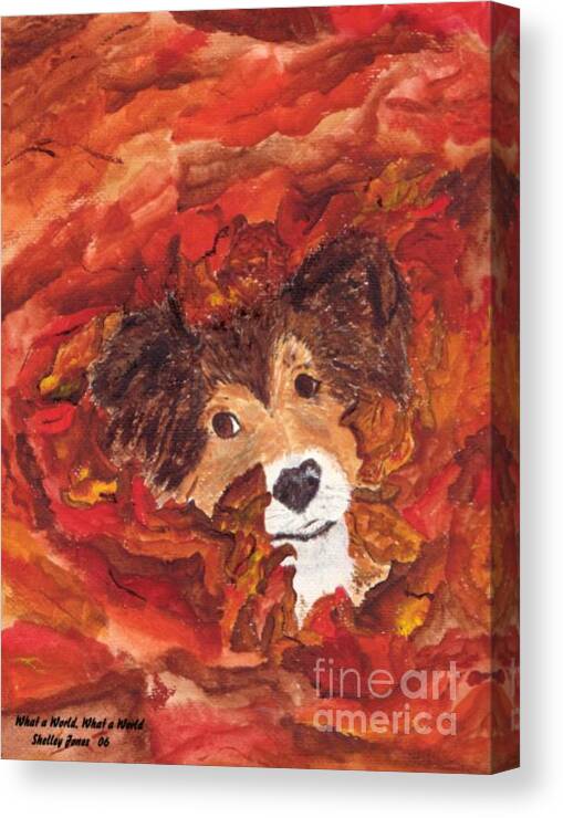 Dog In Leaves Canvas Print featuring the painting What a World by Shelley Jones