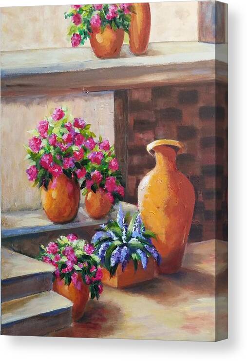 Flowerpots Canvas Print featuring the painting Clay Pots #1 by Rosie Sherman