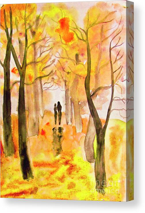 Art Canvas Print featuring the painting Couple on autumn alley, painting #1 by Irina Afonskaya