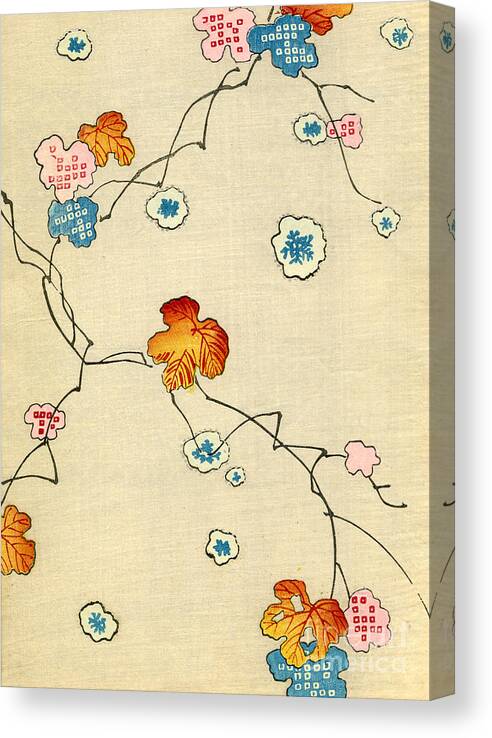 Vintage; Illustration; Graphic Design; Pattern; Japanese; 1880; Woodblock Print; Nobody; Meiji; Kimono; Textile Design; Pattern Book; Fall; Leaves; Tree; Branch; Autumn; Snowflake Canvas Print featuring the painting Woodblock Print of Fall Leaves by Japanese School