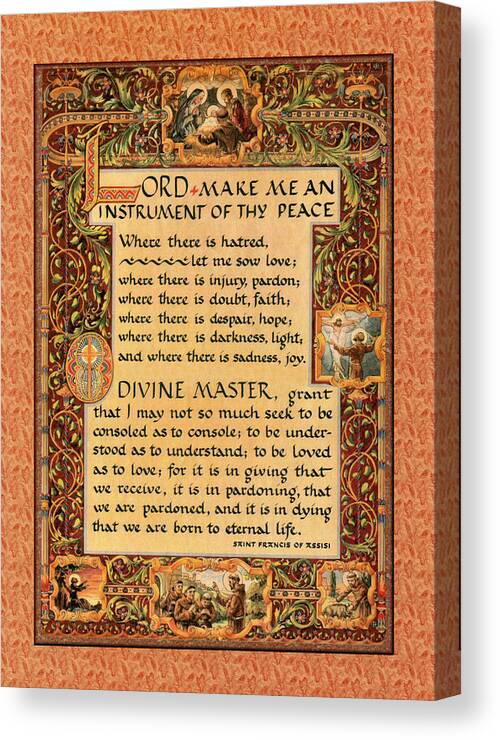 A Simple Prayer For Peace By St. Francis Of Assisi Canvas Print featuring the painting A Simple Prayer For Peace by St. Francis of Assisi. From 15 17 to Paris Movie. by Desiderata Gallery
