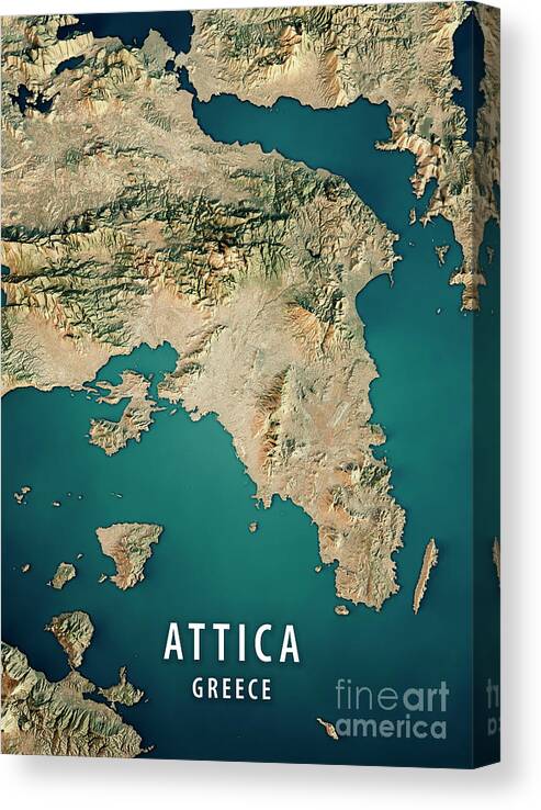 Attica Canvas Print featuring the digital art Attica Greece 3D Render Satellite View Topographic Map #2 by Frank Ramspott
