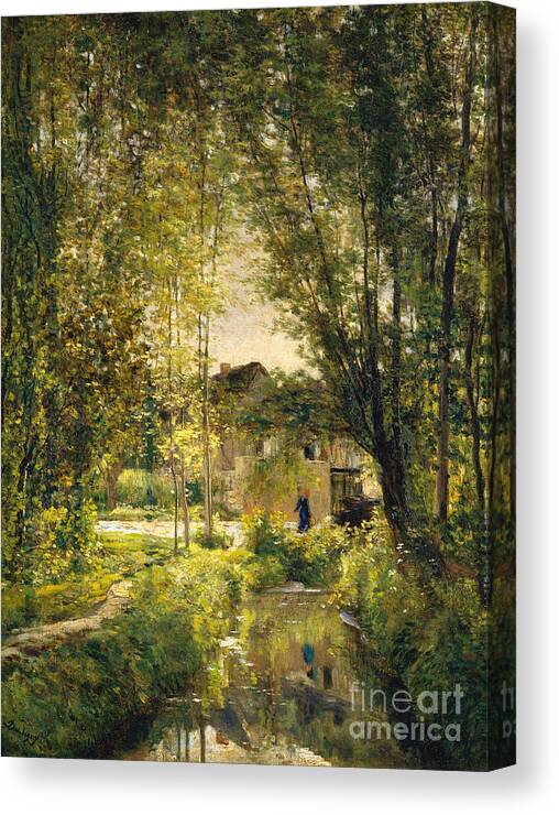 Landscape With A Sunlit Stream Canvas Print featuring the painting Landscape with a Sunlit Stream by Charles Francois Daubigny
