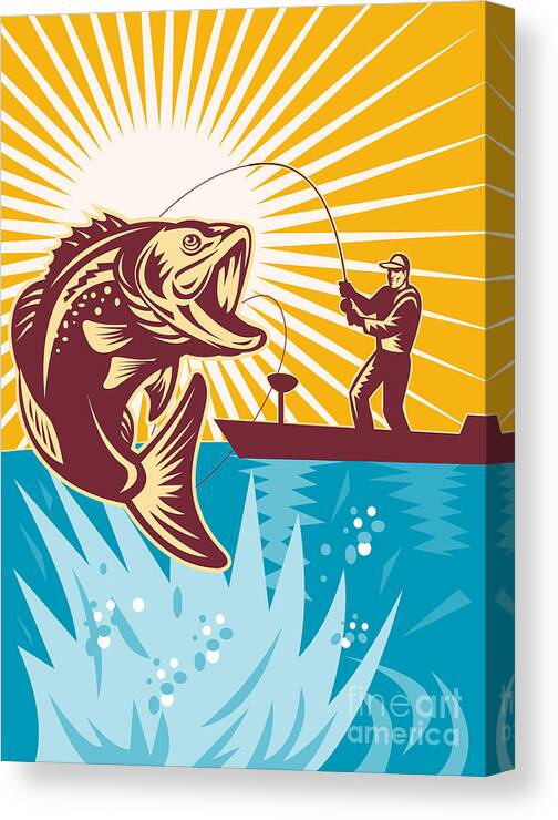Largemouth Canvas Print featuring the digital art Largemouth Bass Fish and Fly Fisherman #2 by Aloysius Patrimonio