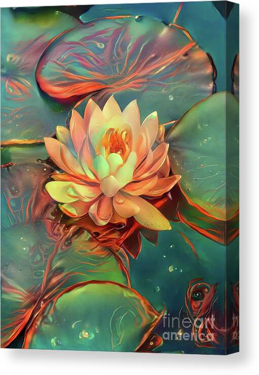 Aquatic Plant Canvas Print featuring the digital art Teal and Peach Waterlilies #4 by Amy Cicconi