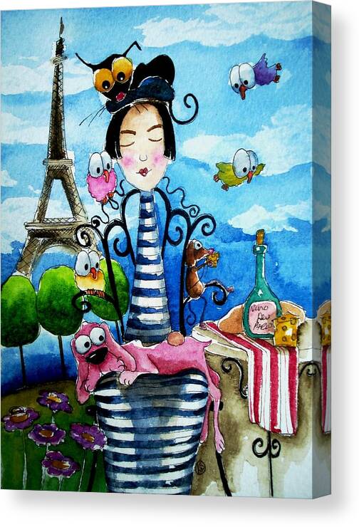 Stressie Cat And Friends Parisian Scene Paris French France Canvas Print featuring the painting A moveable Feast by Lucia Stewart