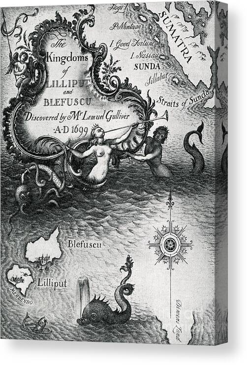 Gullivers Travels Canvas Print featuring the drawing Antique map depicting the Kingdoms of Lilliput and Blefuscu by Rex Whistler
