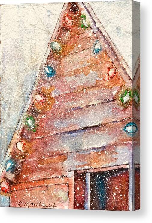 Christmas Cards By Rebecca Matthews Canvas Print featuring the painting Barn in snow by Rebecca Matthews