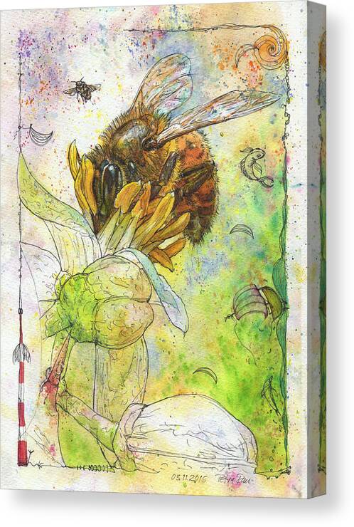 Bees Canvas Print featuring the painting Bee on Mexican Lime blossom. by Petra Rau