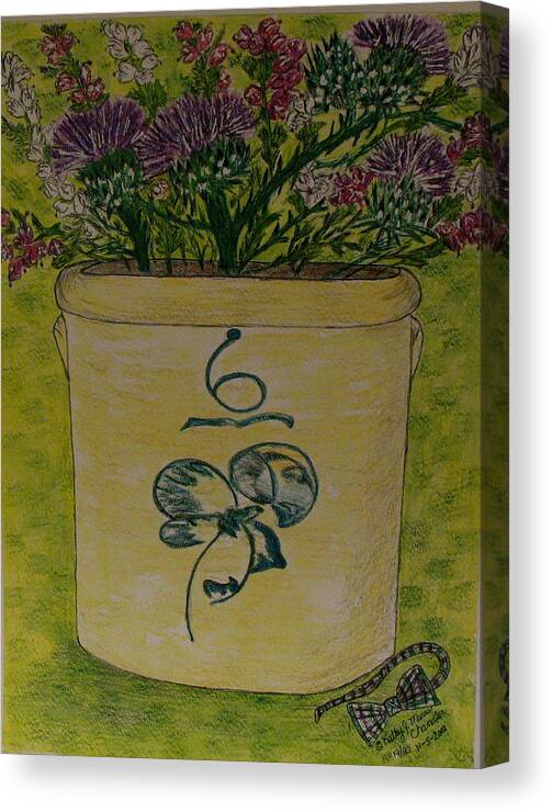 Bee Sting Crock Canvas Print featuring the painting Bee Sting Crock With Good Luck Bow Heather And Thistles by Kathy Marrs Chandler