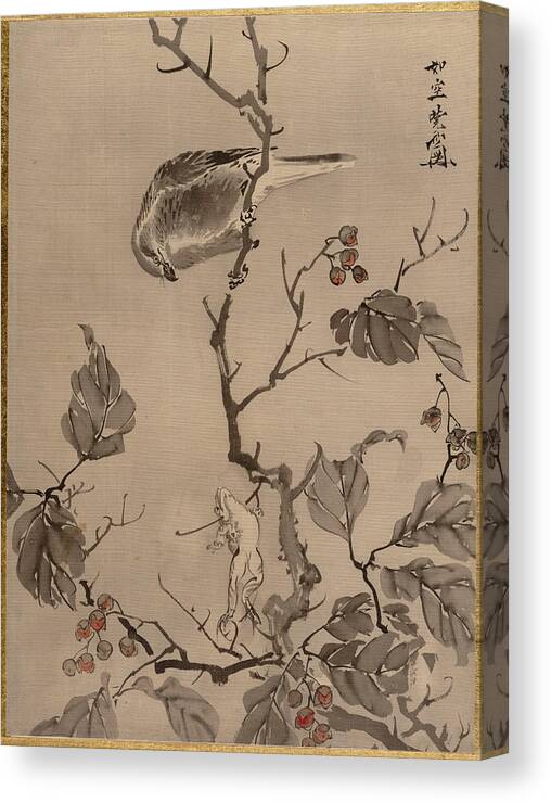 Kawanabe Kyosai Canvas Print featuring the painting Bird and Frog by Kawanabe Kyosai
