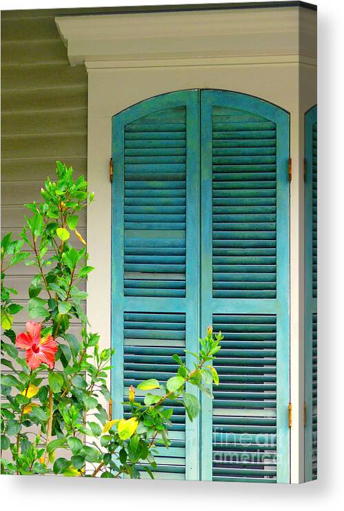 New Orleans Canvas Print featuring the photograph Blue Window With Red Flower by Jeanne Woods