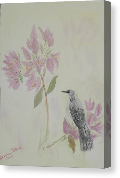 Bougainvillea Canvas Print featuring the painting Bougainvillea and Mockingbird by Donna Walsh