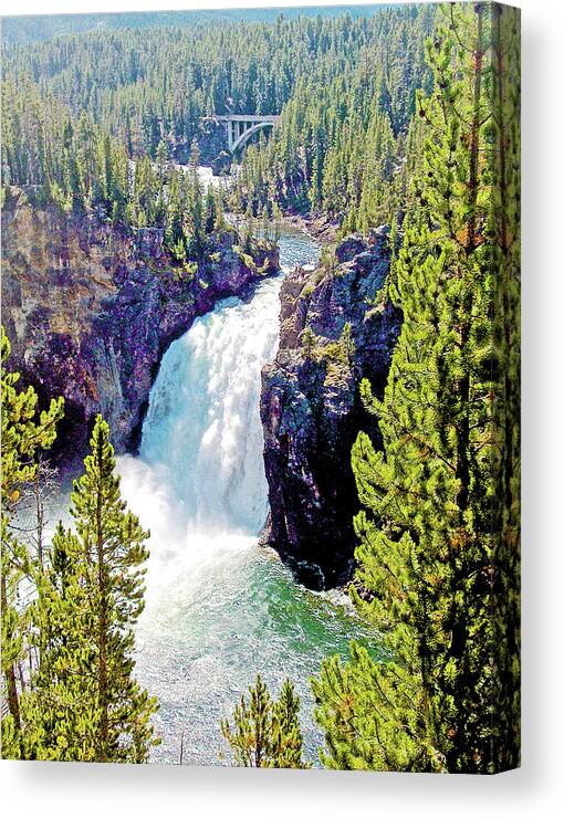 Bridge Above Upper Yellowstone Falls From North Rim In Yellowstone Canyon In Yellowstone National Park Canvas Print featuring the photograph Bridge above Upper Yellowstone Falls in Yellowstone National Park, Wyoming by Ruth Hager