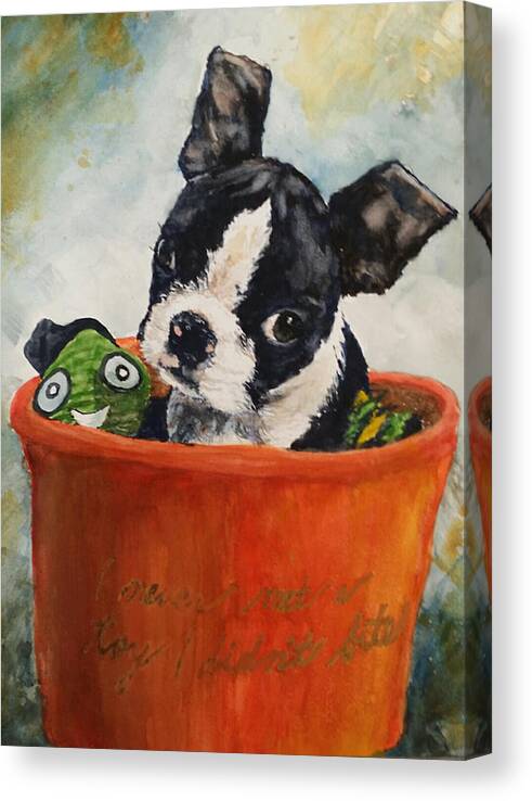 Boston Terrier Canvas Print featuring the painting Bucket List by Cheryl Wallace