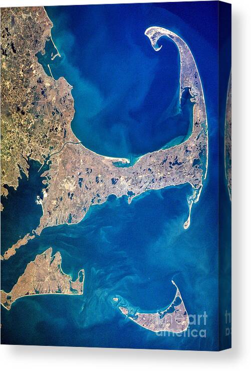 Aerial Canvas Print featuring the photograph Cape Cod and Islands Spring 1997 view from satellite by Matt Suess