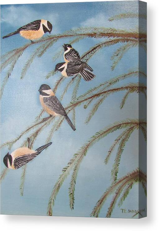 Birds Canvas Print featuring the painting Chickadee Party by Thomas Janos