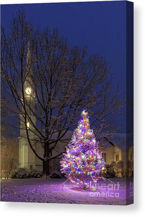 Church Canvas Print featuring the photograph Christmas tree and church, Maine by Kevin Shields