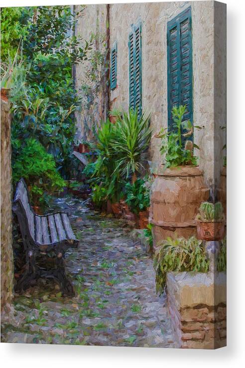 Cortona Canvas Print featuring the painting Cobblestone Courtyard of Tuscany by David Letts