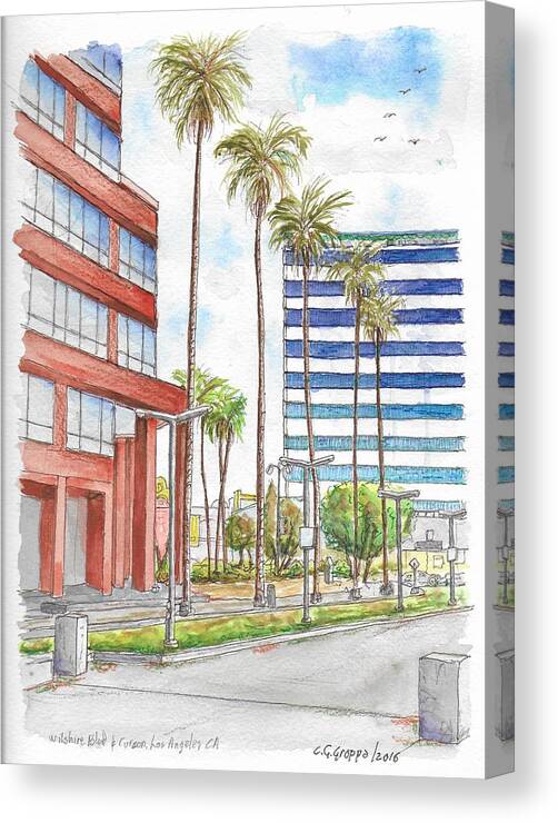 Urban Landscapes Canvas Print featuring the painting Corner Wilshire Blvd. and Curson, Miracle Mile, Los Angeles, CA by Carlos G Groppa