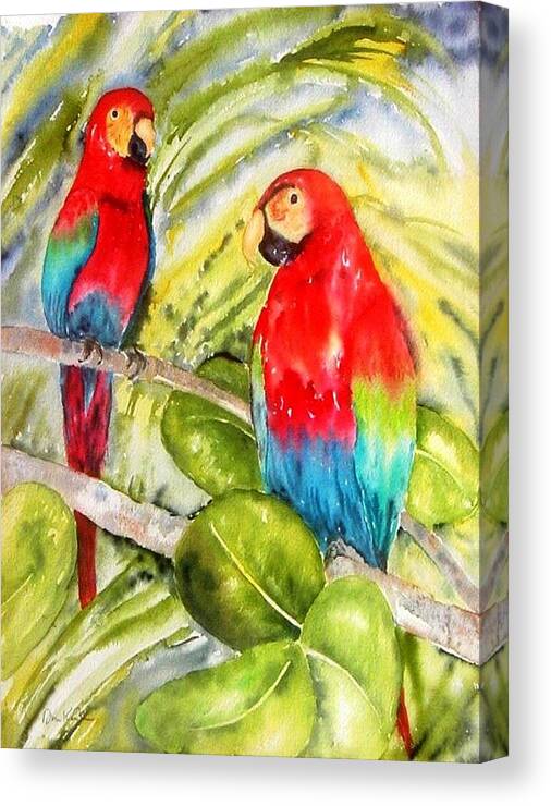 Birds Canvas Print featuring the painting Crimson Macaws by Diane Kirk