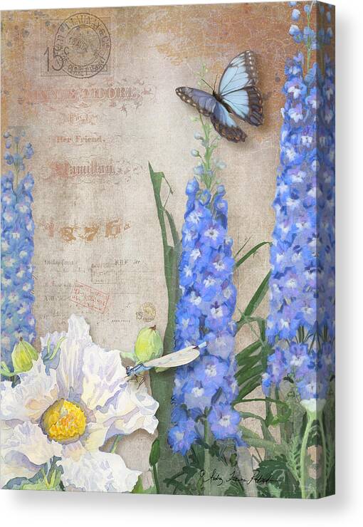 Matilija Poppy Canvas Print featuring the painting Dancing in the Wind - Damselfly n Morpho Butterfly w Delphinium by Audrey Jeanne Roberts