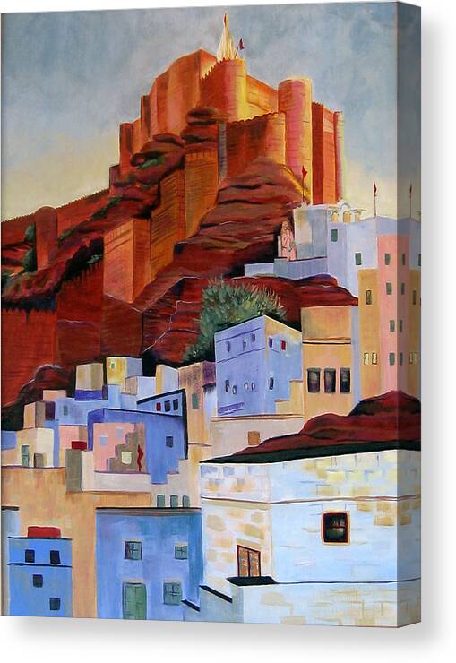 Landscape Canvas Print featuring the painting Dawn at the Fort in Jodhpur by Art Nomad Sandra Hansen