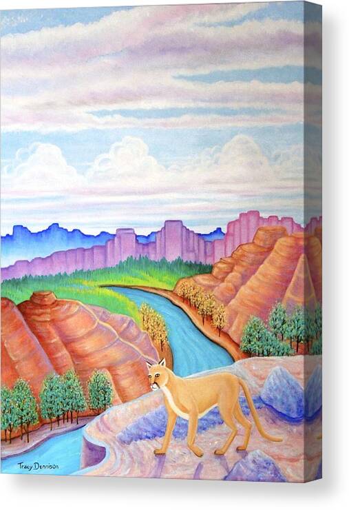 Mountain Lion Southwest River Landscape Canvas Print featuring the painting Dawn Patrol by Tracy Dennison