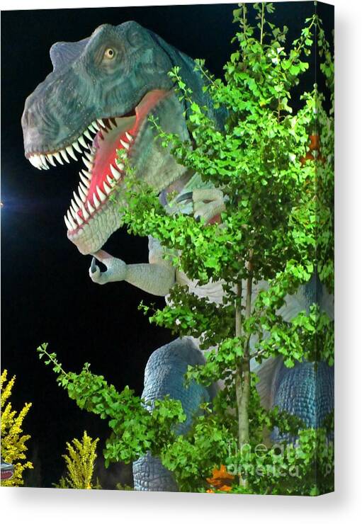 Dinosaur At Night Canvas Print featuring the photograph Dinosaur at Night by Crystal Loppie