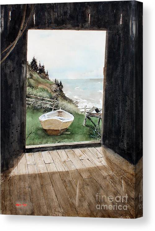 An Old Barn Frames Up An Image Of A Fisherman's Dry Docked Boat And The Rugged Shore Line And Ocean In The Distance. Canvas Print featuring the painting Dry Docked by Monte Toon