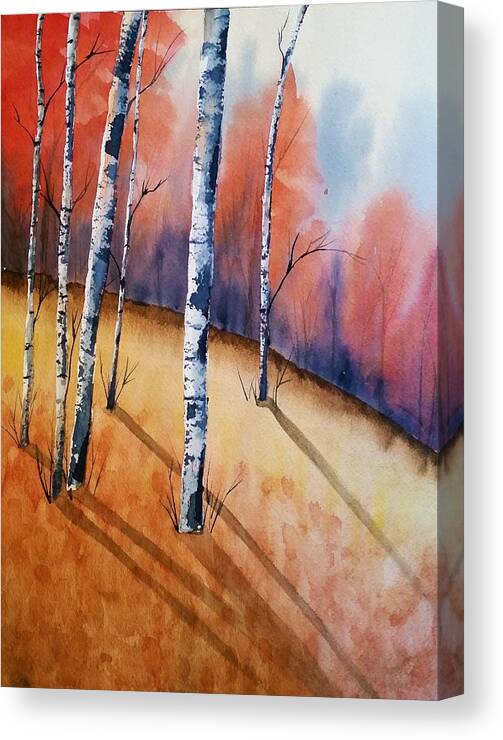 Watercolor Canvas Print featuring the painting Fall In The Birches by Brenda O'Quin