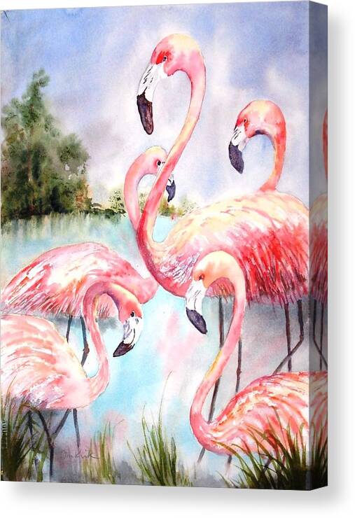 Birds Canvas Print featuring the painting Five Flamingos by Diane Kirk