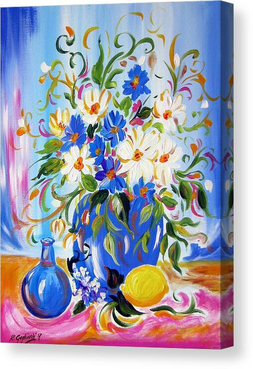 Flowers Canvas Print featuring the painting Flowers and lemon by Roberto Gagliardi