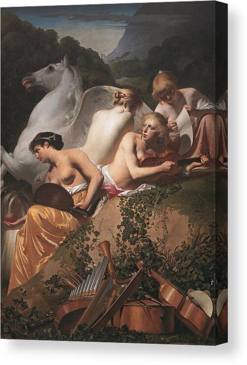 Caesar Van Everdingen Canvas Print featuring the painting Four Muses and Pegasus by Caesar van Everdingen
